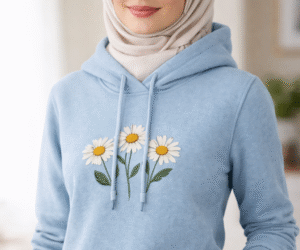 هودي حريمي لبني برسمة زهور – تصميم كاجوال شتوي للمحجبات